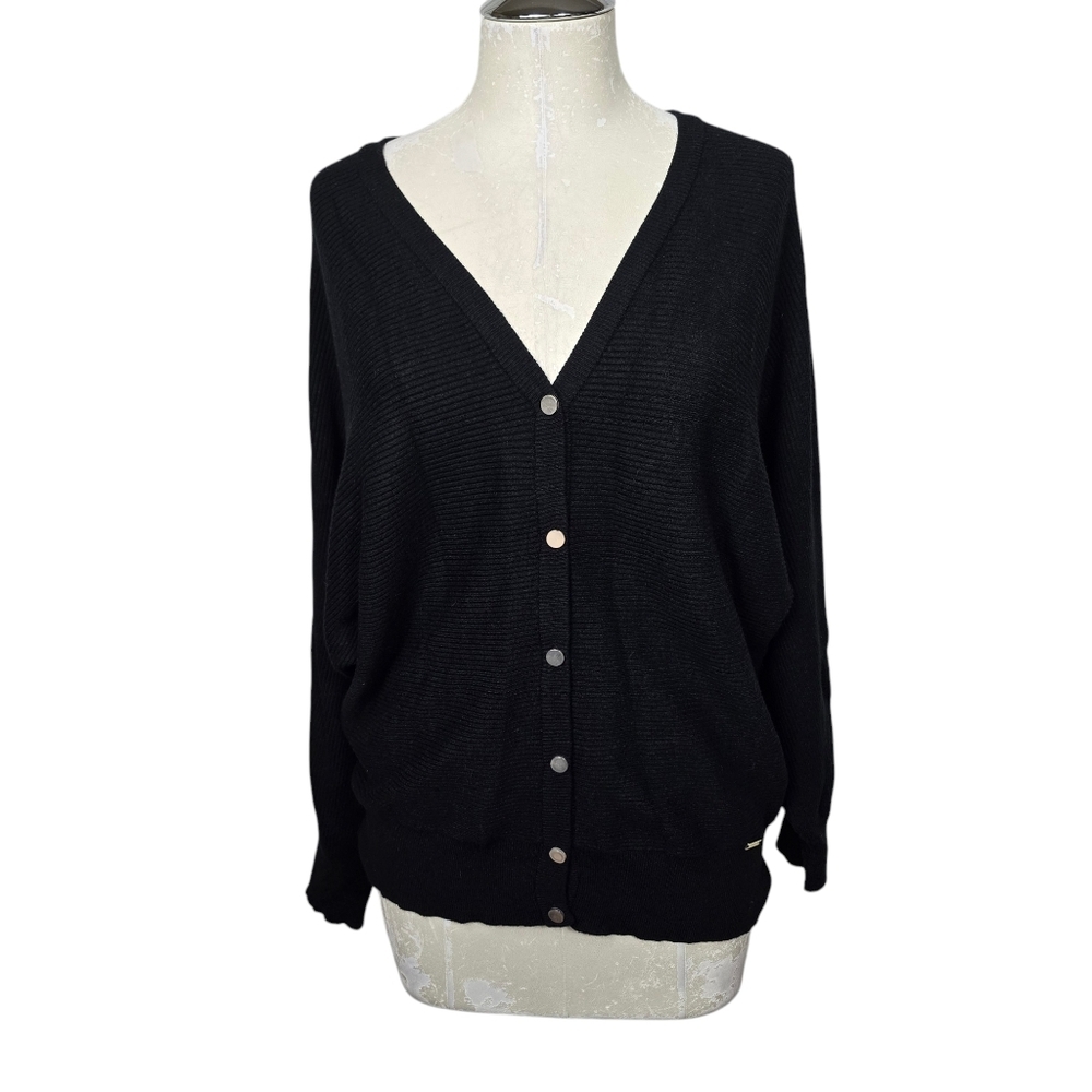 Tahari Black Ribbed Button Down V Neck Cardigan Petite L